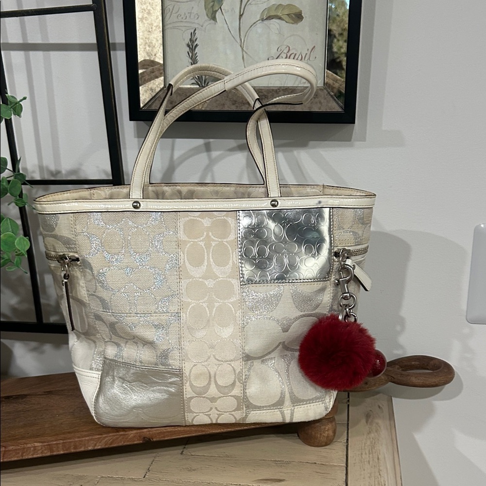 Coach Metallic Silver and Cream Patchwork Tote - Picture 5 of 7
